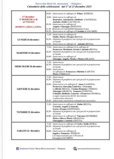 Calendario Delle Celebrazioni Dal 17 Al 23 Dicembre 2023 Parrocchia