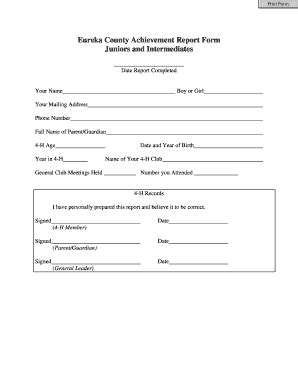 Fillable Online Unce Unr Eureka County Achievement Report Form Juniors