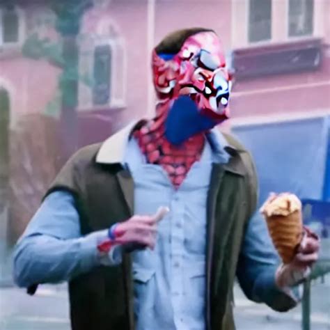 Tobey Maguire Dressed As Spider Man Eats Ice Cream Stable Diffusion