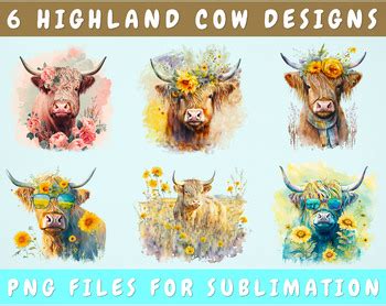 Highland Cow Sublimation Designs Bundle, 6 Designs, Highland PNG Files