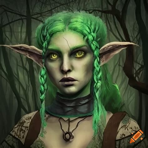 Detailed Dark Fantasy Portrait Of A Green Haired Gnome Druidess In A Spooky Forest On Craiyon