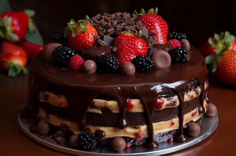 Un Pastel De Chocolate Con Fresas Y Moras Imagen Premium Generada Con IA