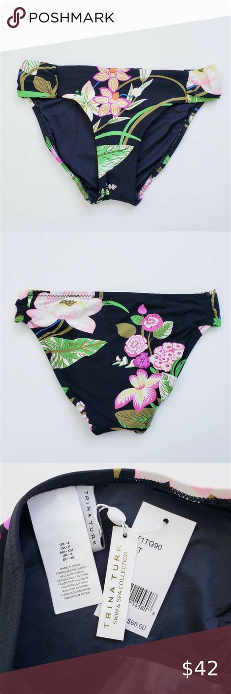 Trina Turk Black Tropical Floral Shirred Side Mid Rise Hipster Bikini