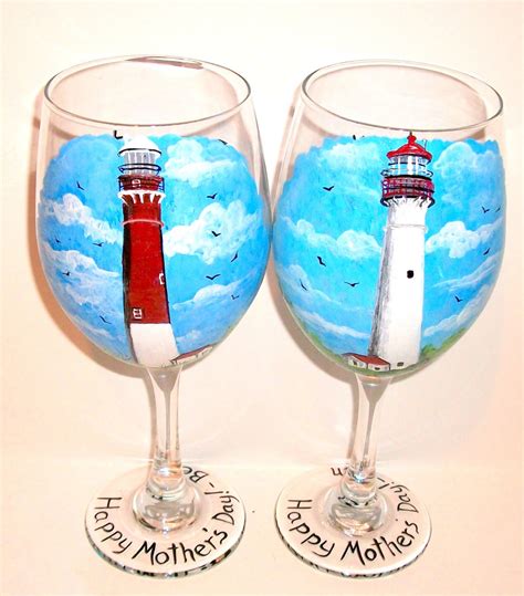 Lighthouses Set Of 2 20 Oz Wine Glasses Hand Painted Etsy