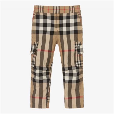 Burberry Boys Beige Cotton Check Cargo Trousers Childrensalon