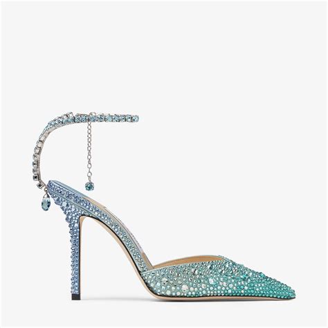 JIMMY CHOO Saeda 100 Peacock Satin Pumps With Crystal Embellishment