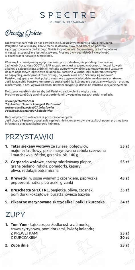 Menu At Spectre Lounge Restaurant Boleslawiec