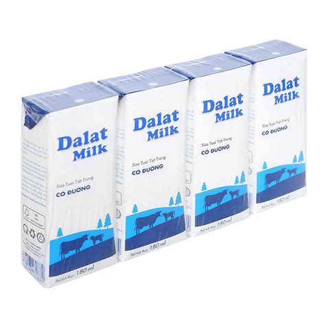 Sữa tươi tiệt trùng Dalat Milk có đường 180ml (lốc 4 hộp)