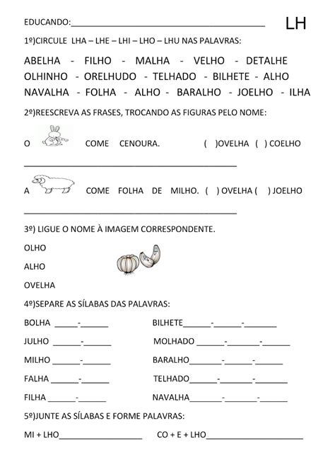 Atividade Lha Lhe Lhi Lho Lhu - BEL CARDOZO: ATIVIDADE LH / ATIVIDADE LHA LHE LHI LHO LHU LHÃO (1º ANO ...