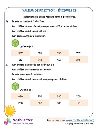 Valeur De Position Nigmes B Fiches De Travail Math Center