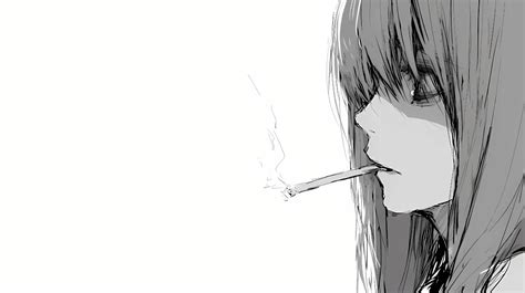 2k二次元吸烟女孩壁纸｜黑白 - 长发插画「哲风壁纸」