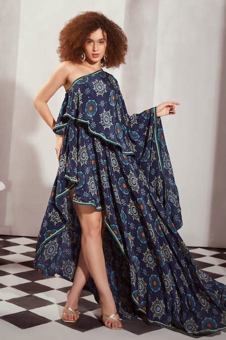 Buy Blue Silk Crepe Printed Mosaic One Shoulder Dress For Women By