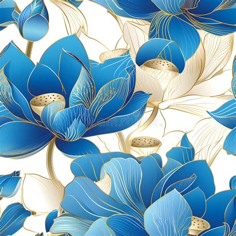 Asian Seamless Pattern With Blue And Gold Lotus Flower Leaves And Buds