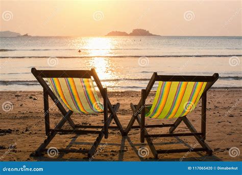 Couple Of Chairs On Sunset Beach Nature Stock Photo Image Of