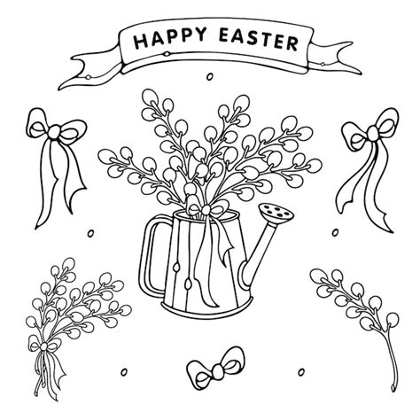 Premium Vector Happy Easter Pussy Willow Branches In Watering Can Ribbons Outline Doodle