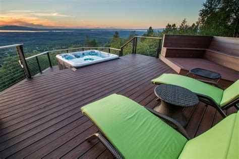 Treeline Deck W Hot Tub Cable Railing In Laid Lighting Built In Benches Modern Deck