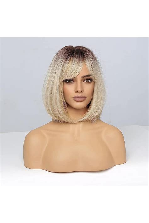 Haircube Bob Wig Short Ombre Blonde With Dark Root Wig With Bangs