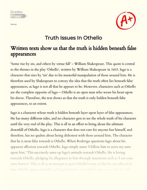 Truth Issues In Othello Essay Example Words