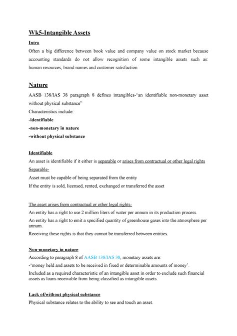 Sum Notes Intangible Assets Wk5 Intangible Assets Intro Often A Big Difference Between Book