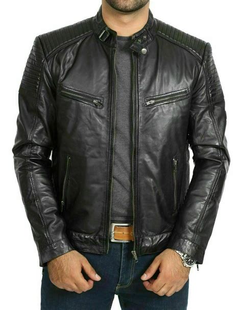 Men Genuine Lambskin Leather Solid Classic Outwear Slim Moto Black