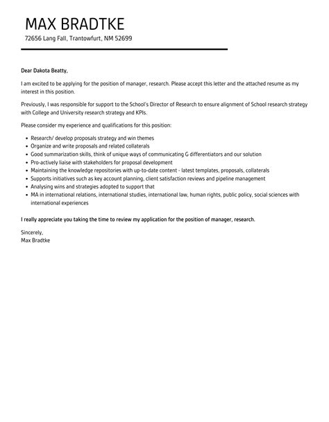 Manager, Research Cover Letter | Velvet Jobs
