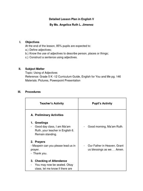 Detailed Lesson Plan In English V Pdf Adjective Noun