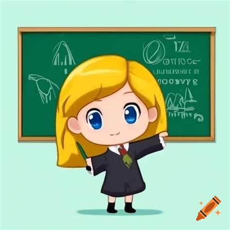 Chibi Style Blonde Girl In Slytherin Robe Pointing At Blackboard With