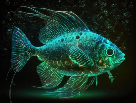 premium ai image translucent fish  neon glowing  dark undersea