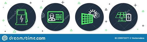 Set Line Identification Badge Solar Energy Panel And Sun Electric Car