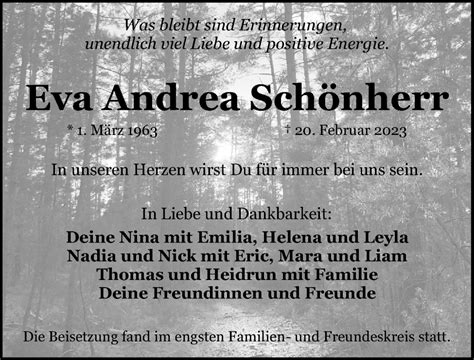 Traueranzeigen von Eva Andrea Schönherr trauer nn de