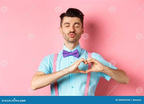 Romantic Man In Funny Bow Tie Waiting For Kiss Close Eyes And Pucker