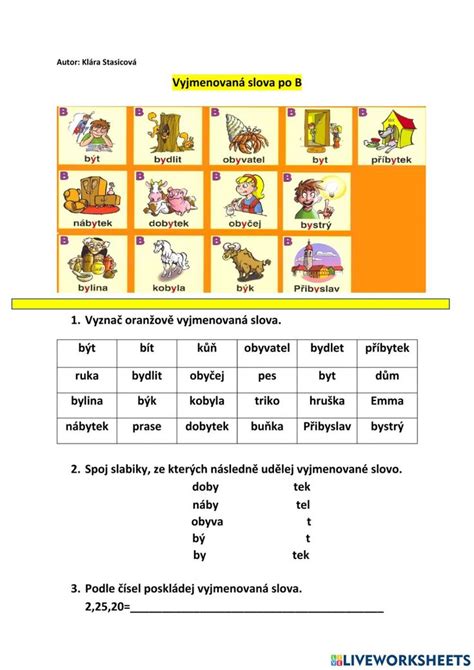 Pracovní list Vyjmenovaná slova po B worksheet School subjects