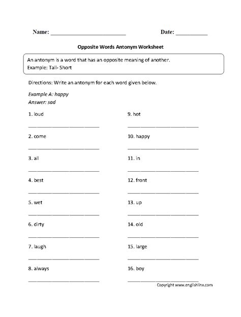 Th Grade Synonym And Antonym Worksheet