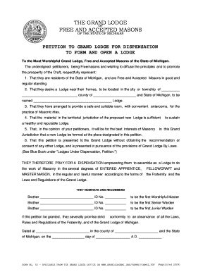 Fillable Online Grandlodgemi Petition To Grand Lodge For Dispensation