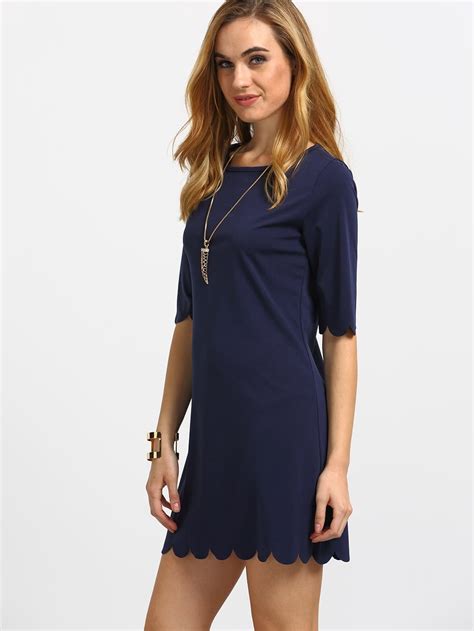 Navy Scalloped Hem Shift Dress Sheinsheinside