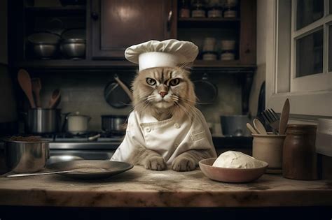 Premium Ai Image A Gray Cat In A Chef Hat In The Kitchen 1