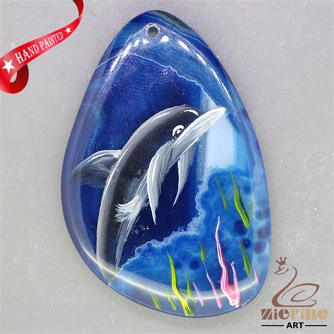 Unique Hand Painted Dolphin Pendant Natural Gemstone With Silver Bail