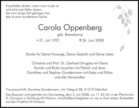 Traueranzeigen Von Carola Oppenberg Trauer In Nrw De