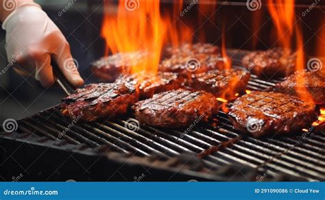 Close Up Of Chef Flipping Juicy Burgers On Grill Stock Illustration Illustration Of Tenderloin