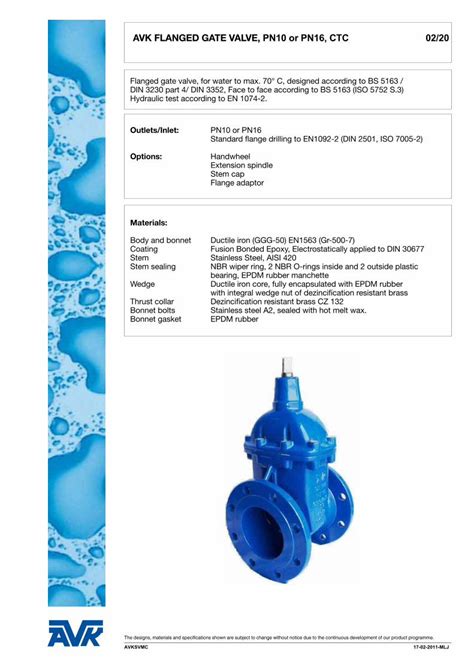 PDF AVK FLANGED GATE VALVE PN10 Or PN16 CTC 02 20catalog Avksvmc