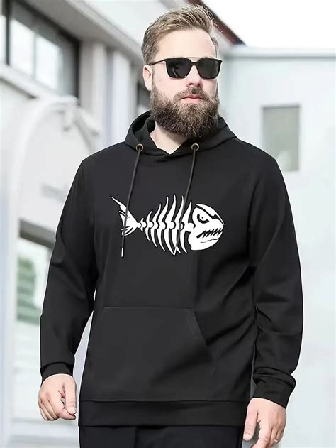 Plus Size Mens Anime Fish Skeleton Print Hooded Sweatshirt Temu New