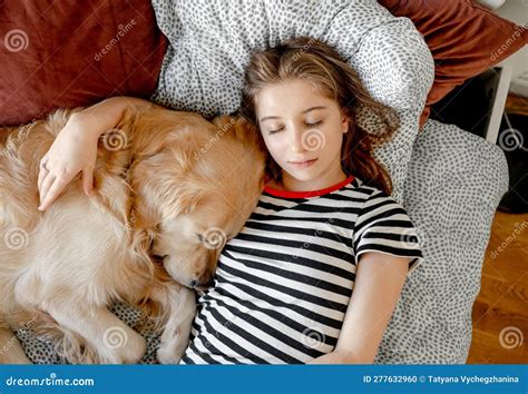 Chica Con Perro Recuperador De Oro En La Cama Foto De Archivo Imagen