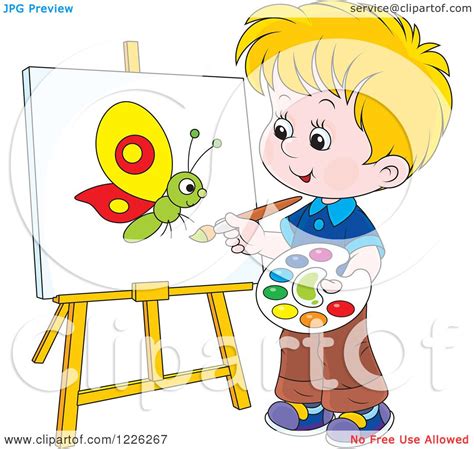 Clipart Of A Caucasian Boy Painting A Butterfly On A Canvas Royalty