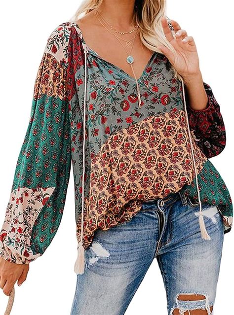 Womens Cute Long Sleeve Tops Floral Print V Neck Shirts Casual Boho