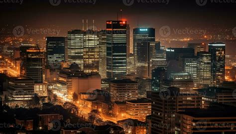 Night cityscape with skyscrapers, urban skyline, and illuminated buildings generated by AI ...