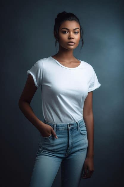 Premium Photo | A woman in a white shirt and blue jeans stands in a studio.