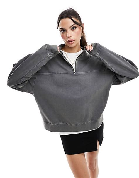 Asos Design Sweatshirt In Verwaschenem Anthrazit Mit Kurzem