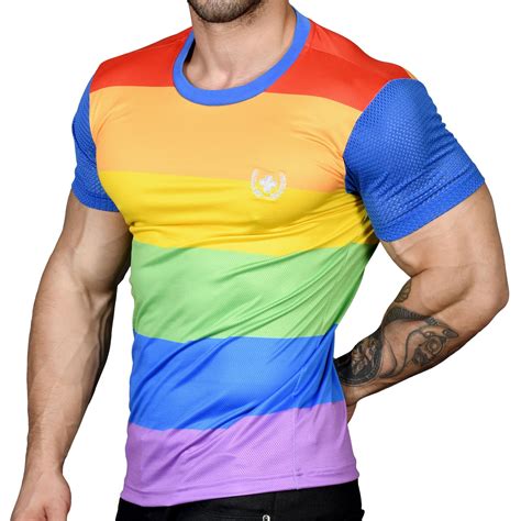 Andrew Christian Ultra Pride Laurel Mesh T Shirt Rainbow Stripe