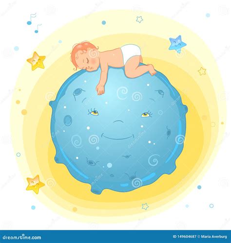 Vector Illustration Of A Baby Sleeping On The Moon Realistic Cartoon