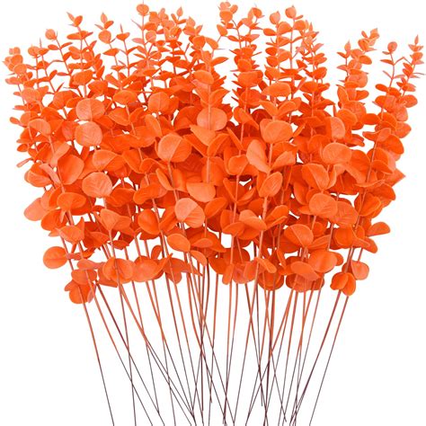 Buy Feqo Pcs Orange Eucalyptus Stems Artificial Eucalyptus Leaves